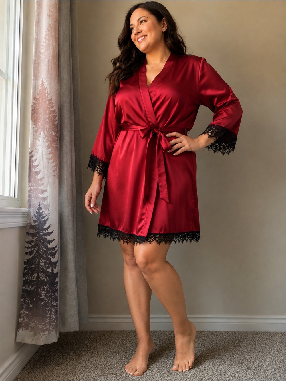 Women's Satin Wrap Robe with Lace Trim - Wine